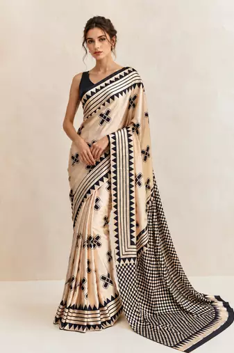 Beige printed satin saree with blouse piece