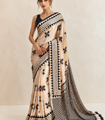 Beige printed satin saree with blouse piece