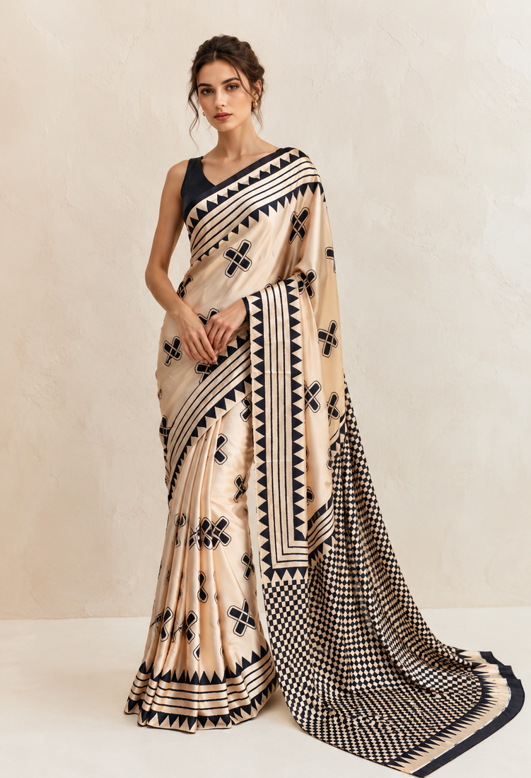 Beige printed satin saree with blouse piece
