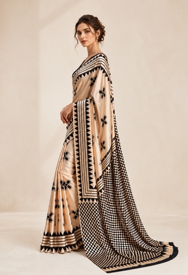 Beige printed satin saree with blouse piece 2