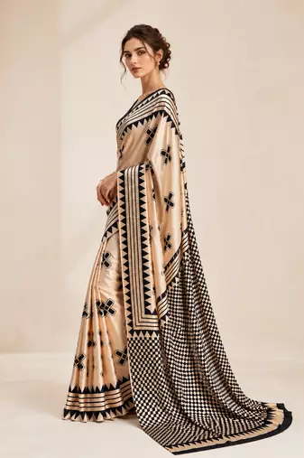 Beige printed satin saree with blouse piece