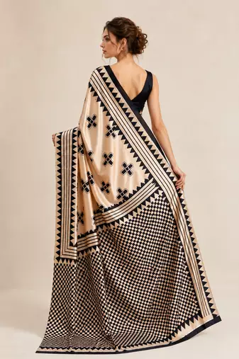 Beige printed satin saree with blouse piece
