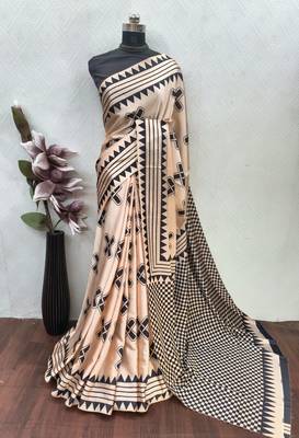 Beige printed satin saree with blouse piece 4