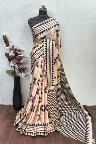 Beige printed satin saree with blouse piece