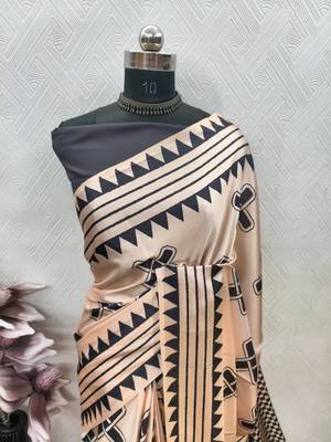 Beige printed satin saree with blouse piece 5