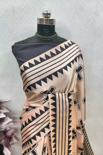 Beige printed satin saree with blouse piece