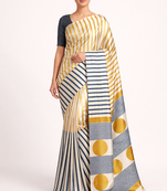 Cream printed satin saree with blouse piece
