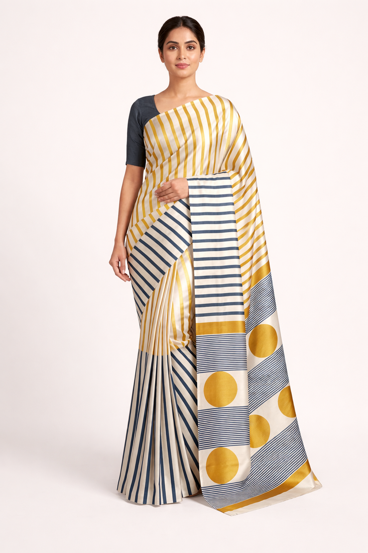 Cream printed satin saree with blouse piece