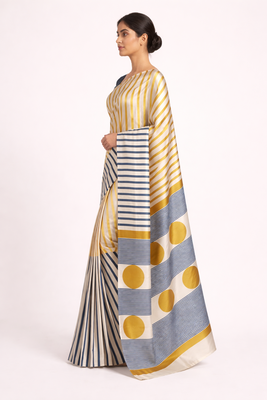 Cream printed satin saree with blouse piece 2
