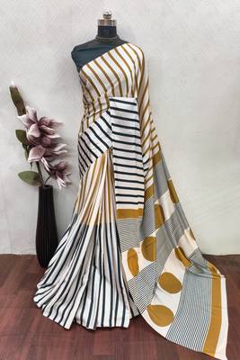 Cream printed satin saree with blouse piece 4