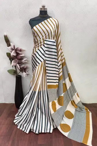 Cream printed satin saree with blouse piece