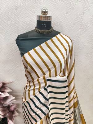 Cream printed satin saree with blouse piece 5
