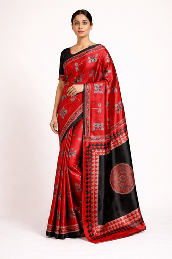 Red printed satin saree with blouse piece