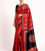 Red printed satin saree with blouse piece