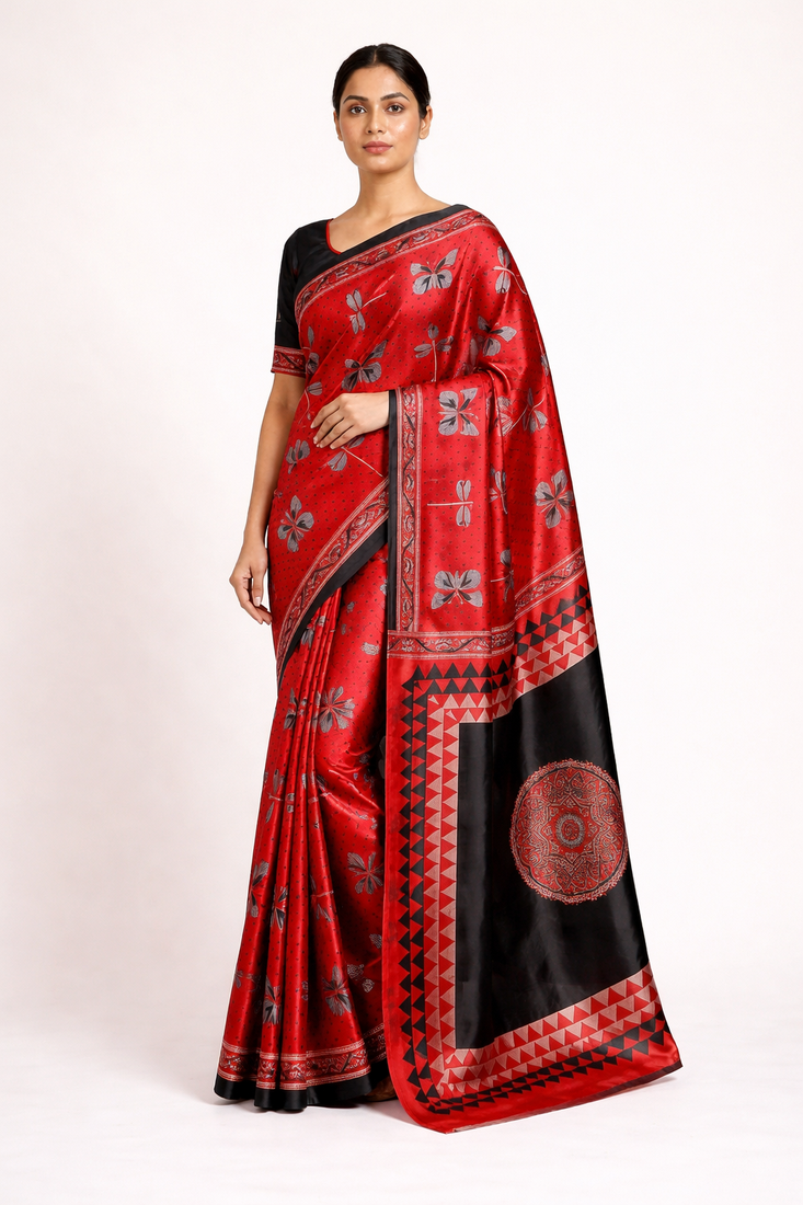 Red printed satin saree with blouse piece