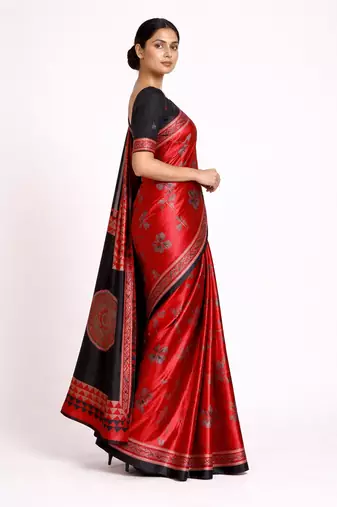 Red printed satin saree with blouse piece