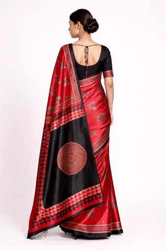 Red printed satin saree with blouse piece