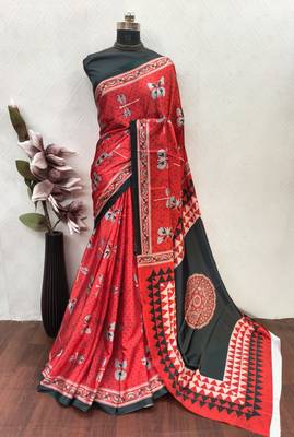 Red printed satin saree with blouse piece 4