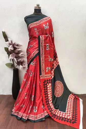 Red printed satin saree with blouse piece