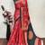 Red printed satin saree with blouse piece