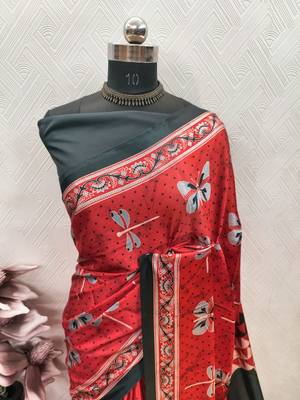 Red printed satin saree with blouse piece 5