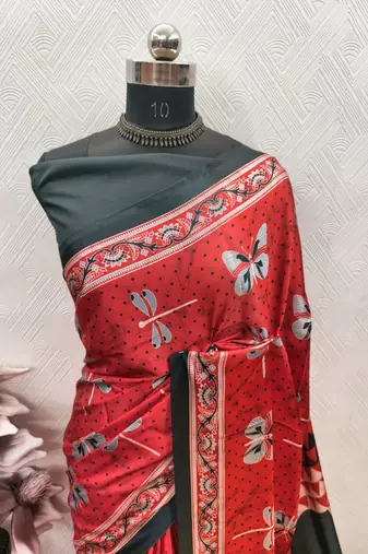 Red printed satin saree with blouse piece