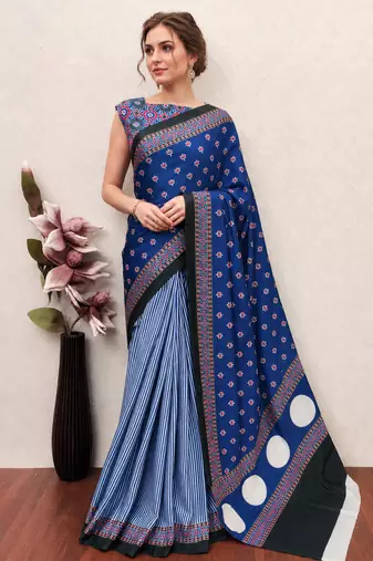 Blue printed satin saree with blouse piece