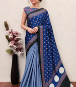 Blue printed satin saree with blouse piece