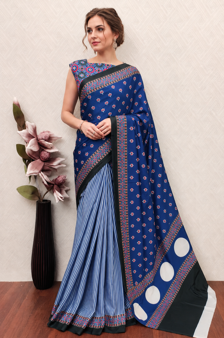 Blue printed satin saree with blouse piece