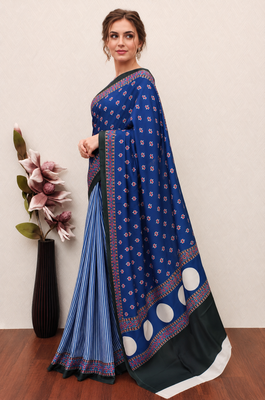 Blue printed satin saree with blouse piece 2