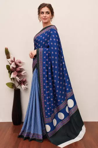 Blue printed satin saree with blouse piece