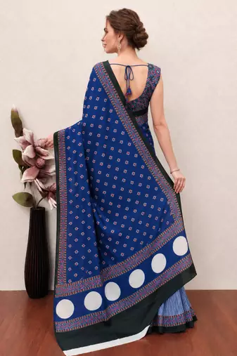 Blue printed satin saree with blouse piece