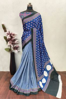 Blue printed satin saree with blouse piece 4