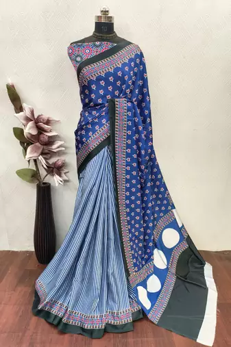 Blue printed satin saree with blouse piece