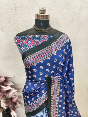 Blue printed satin saree with blouse piece 5