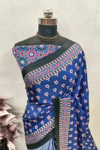 Blue printed satin saree with blouse piece