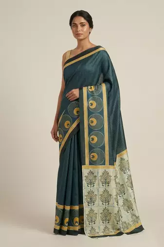 Teal printed satin saree with blouse piece