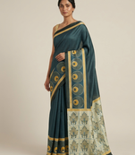 Teal printed satin saree with blouse piece