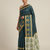 Teal printed satin saree with blouse piece