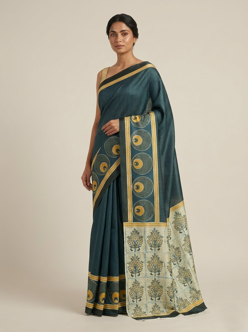 Teal printed satin saree with blouse piece