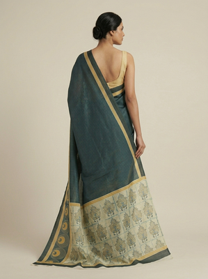 Teal printed satin saree with blouse piece 2