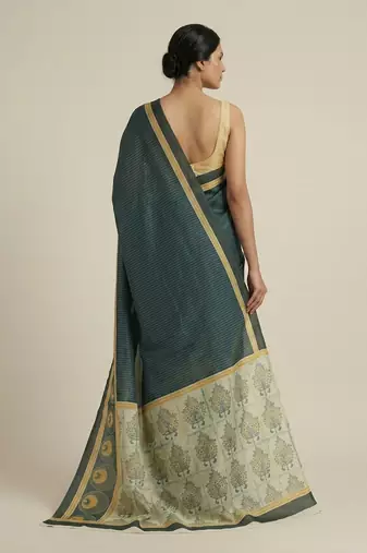 Teal printed satin saree with blouse piece