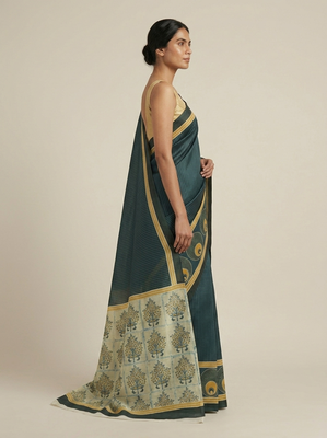 Teal printed satin saree with blouse piece 3
