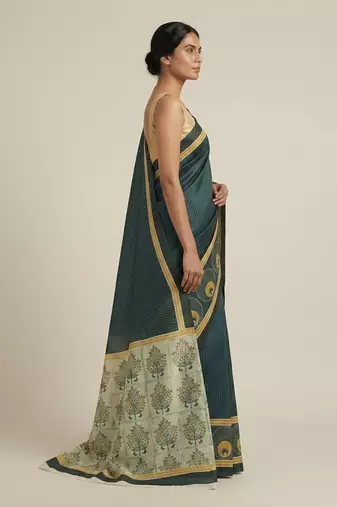 Teal printed satin saree with blouse piece