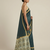 Teal printed satin saree with blouse piece