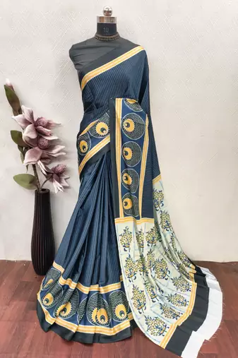 Teal printed satin saree with blouse piece
