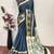 Teal printed satin saree with blouse piece