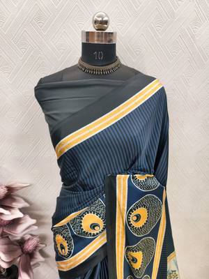Teal printed satin saree with blouse piece 5