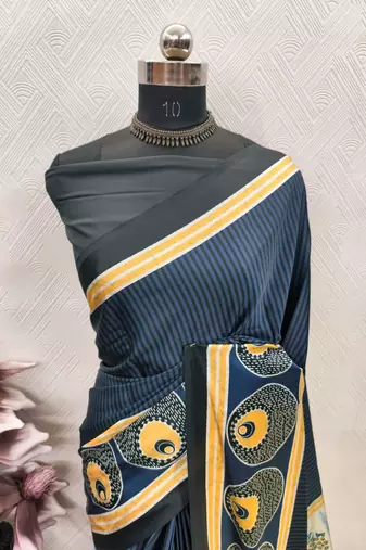 Teal printed satin saree with blouse piece