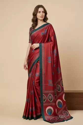Red printed satin saree with blouse piece